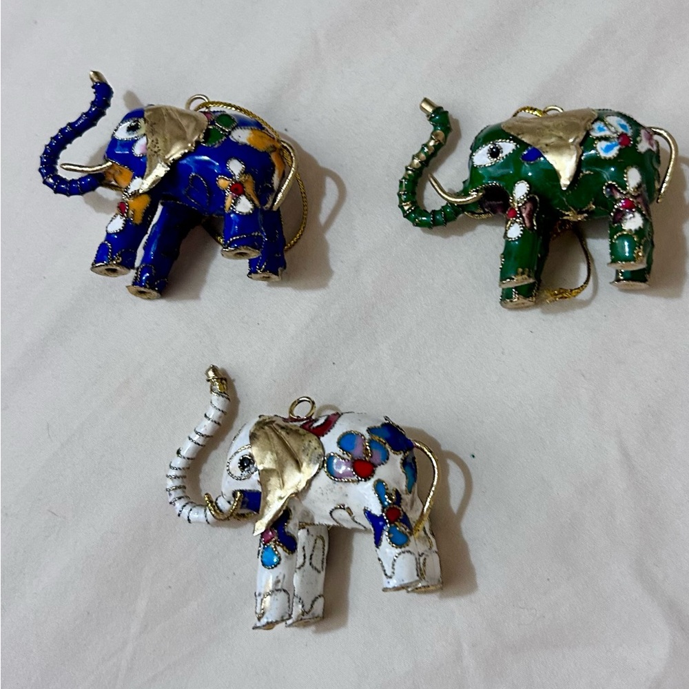 Colorful Vintage Chinese Cloisonne’ Elephant Figurines Set of 3